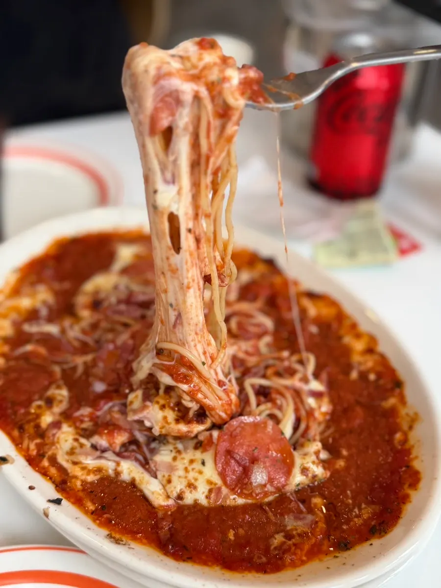 Close-up of the cheese-covered oven pasta