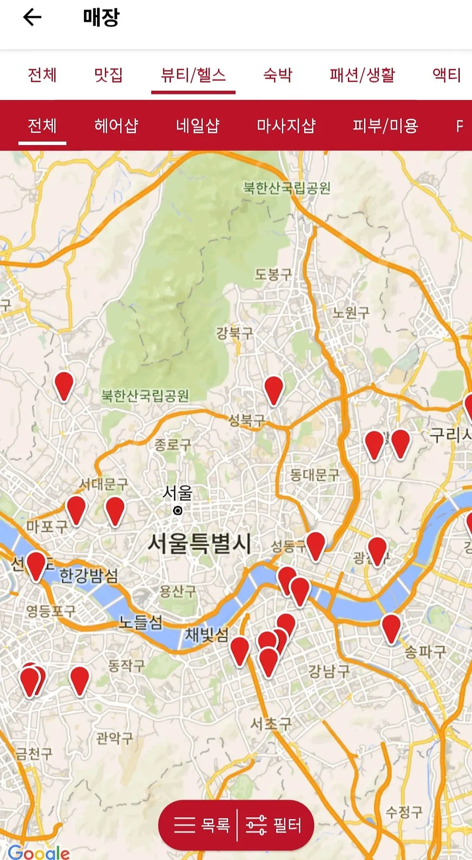서울 지역 가맹점이 표시된 지도 화면