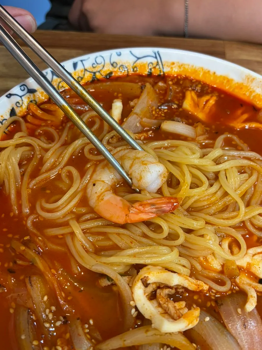 Jjamppong loaded with vegetables and seafood