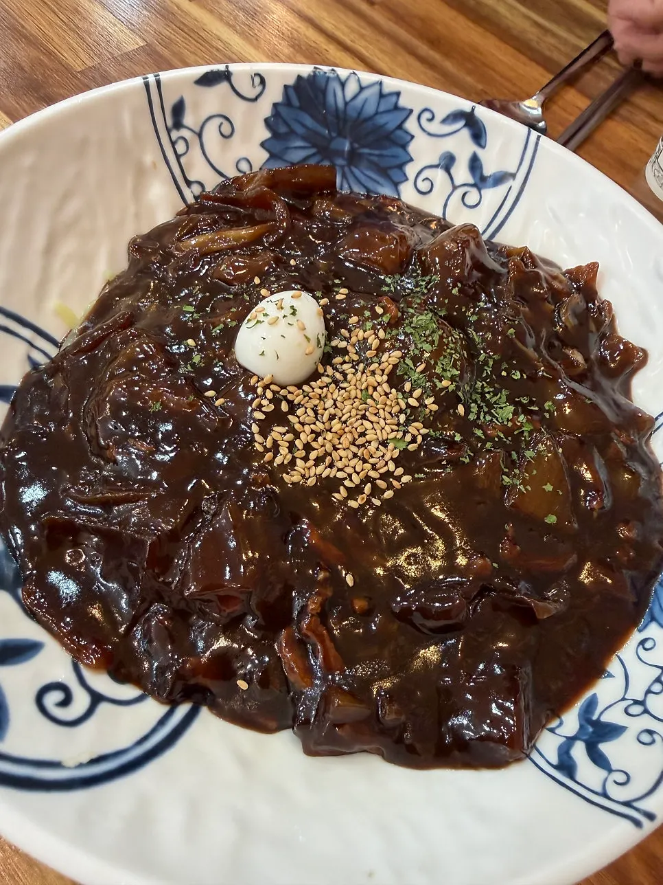 A bowl of smoky jjamppong with seafood