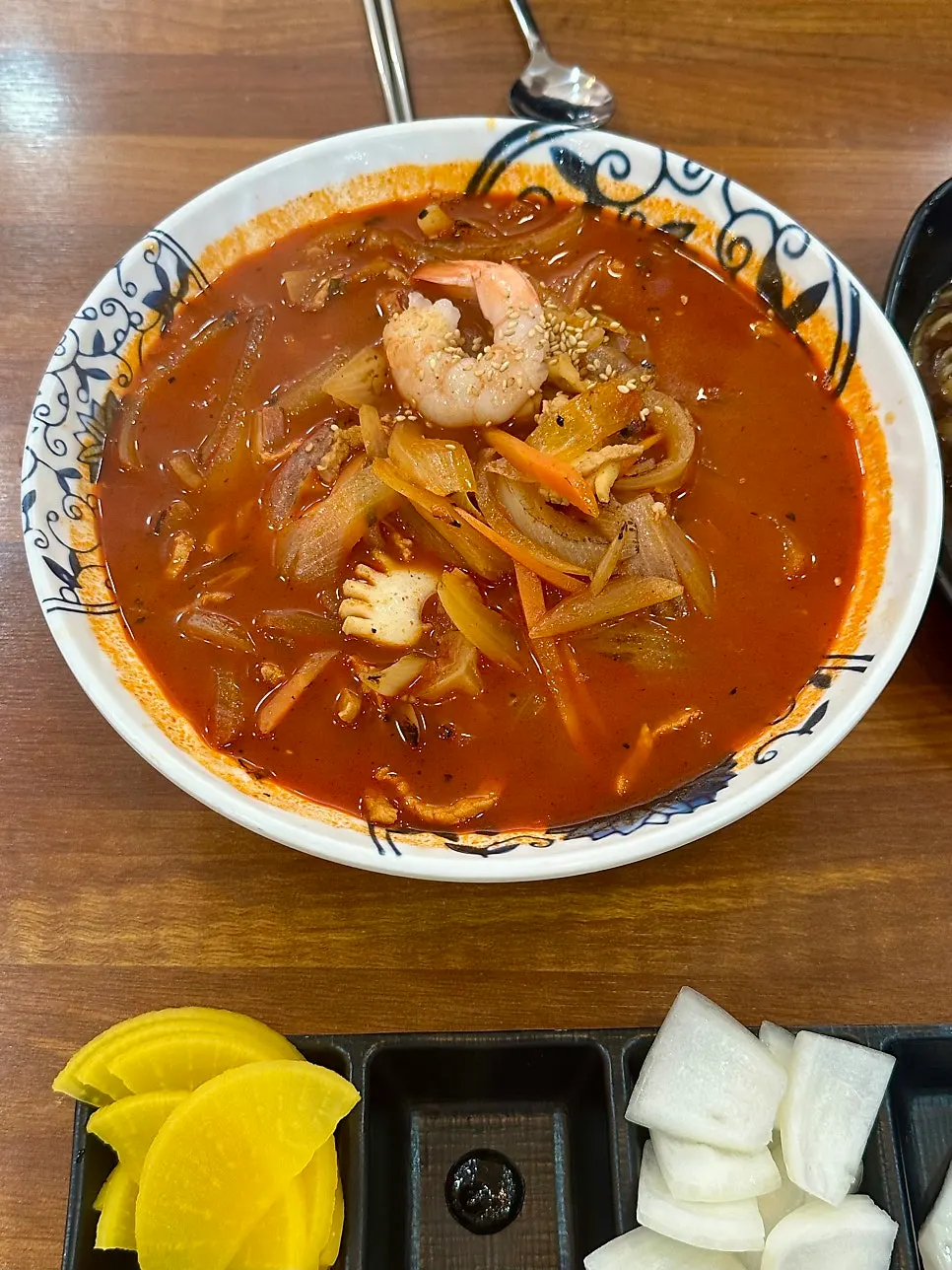 Close-up of seafood in the tray jjajang