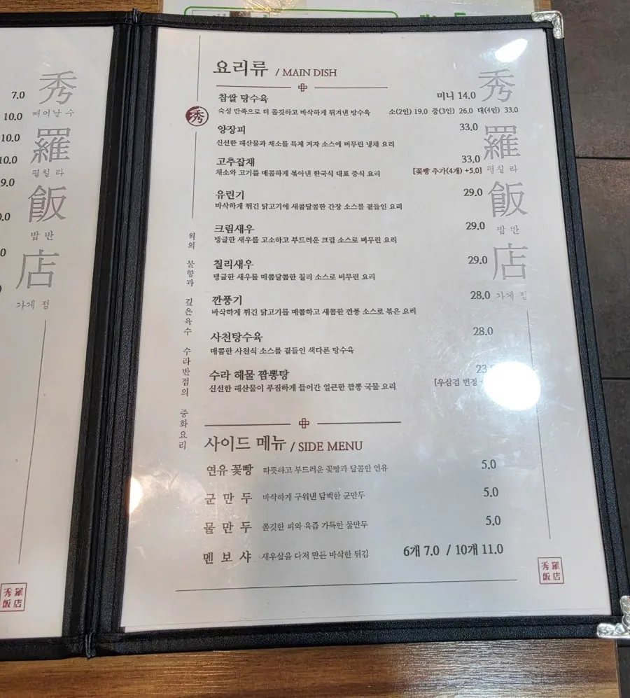 Menu board listing tangsuyuk dishes