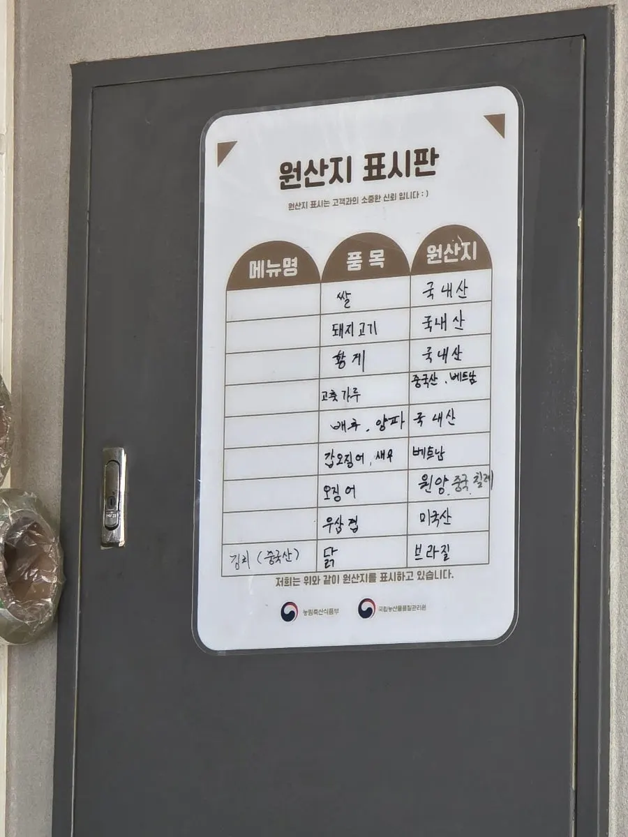 매장 한쪽에 부착된 원산지 표기판