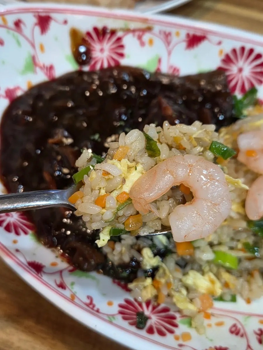 Generous jjajang sauce with shrimp fried rice