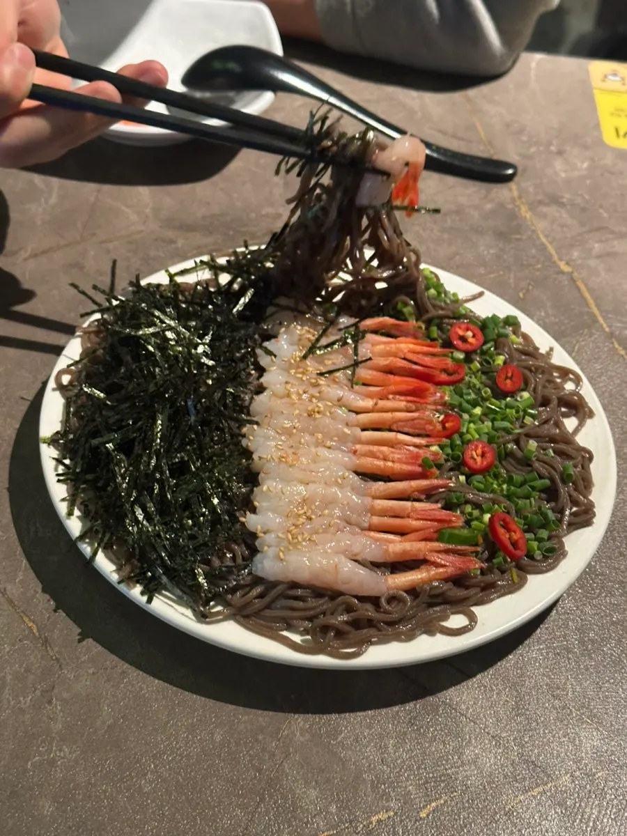 Sweet shrimp buckwheat noodles before mixing