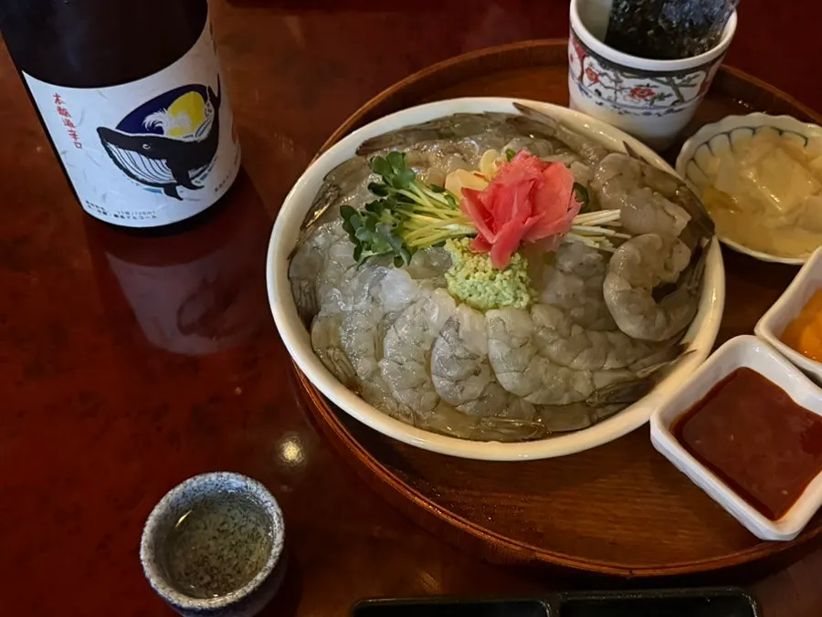 Close-up of plump raw shrimp sashimi