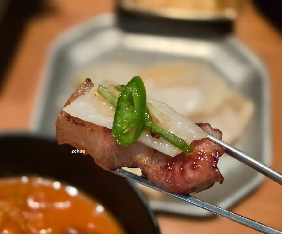 Lettuce wrap with samgyeopsal, cheongyang chili, and wasabi