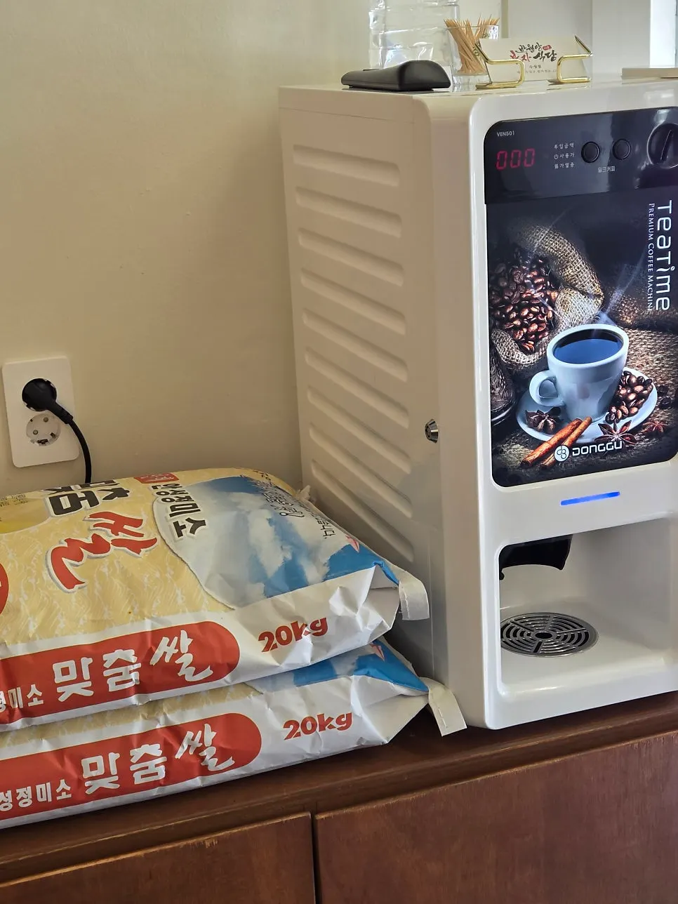 Custom rice sacks and dessert coffee area inside the restaurant