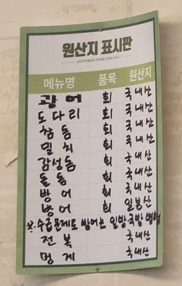수성수산 원산지 표시판