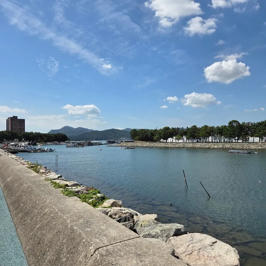 View of the Sinho-dong sea with boats passing in front of the restaurant