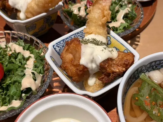 Plate of shrimp tempura and karaage