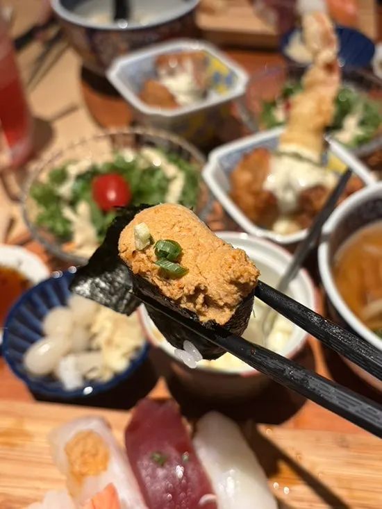 Close-up of snow crab sushi