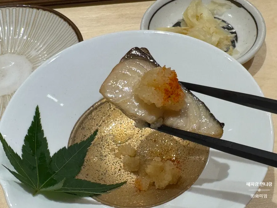Roasted sesame squid nigiri and shiso horse mackerel nigiri