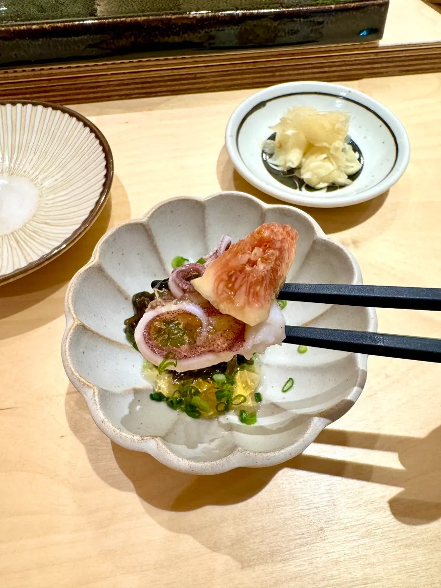 Sushi Hibi's counter seating set up for the start of the lunch omakase course