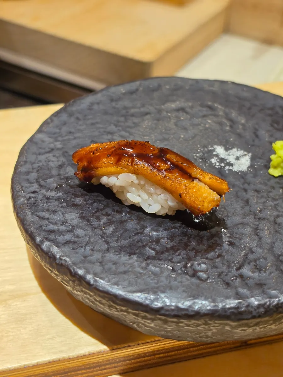 Eel nigiri seared crisp on the outside