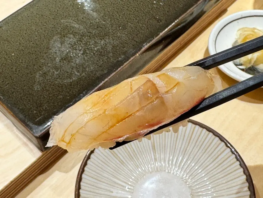 A piece of Sushi Hibi's red seabream nigiri