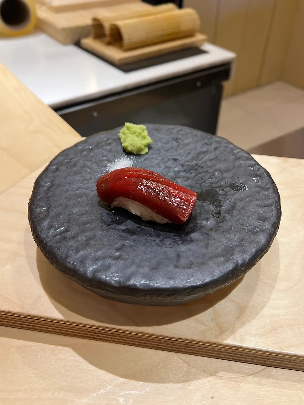 Monkfish liver sushi bite at Sushi Hibi