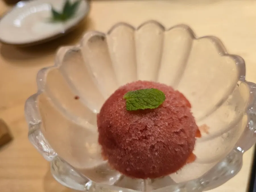 Strawberry sorbet dessert finishing the Sushi Hibi course