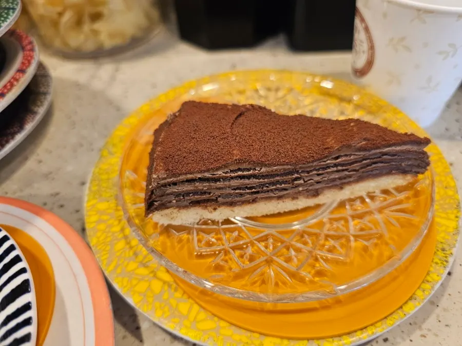 Chocolate cake dessert from the conveyor belt