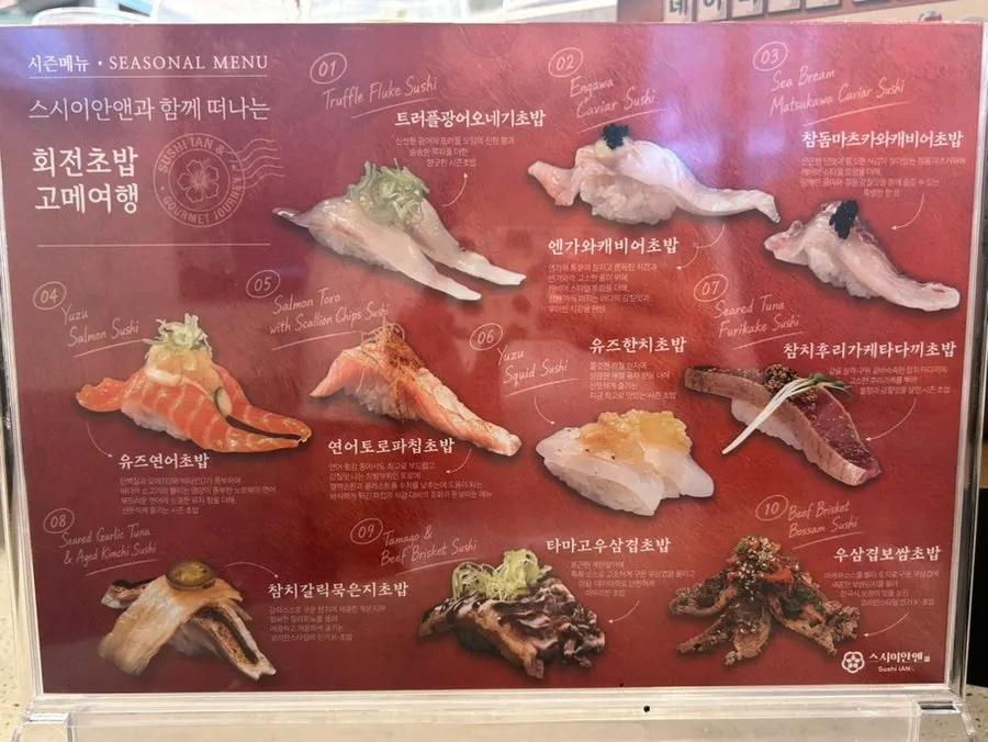 Back side of the menu listing sushi types