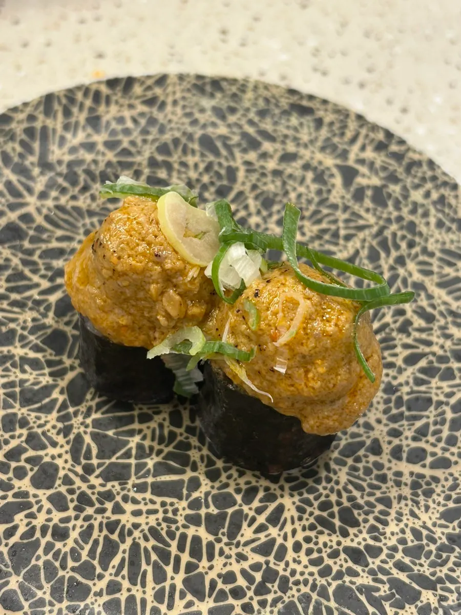 Sweet shrimp and monkfish liver nigiri with gamtae