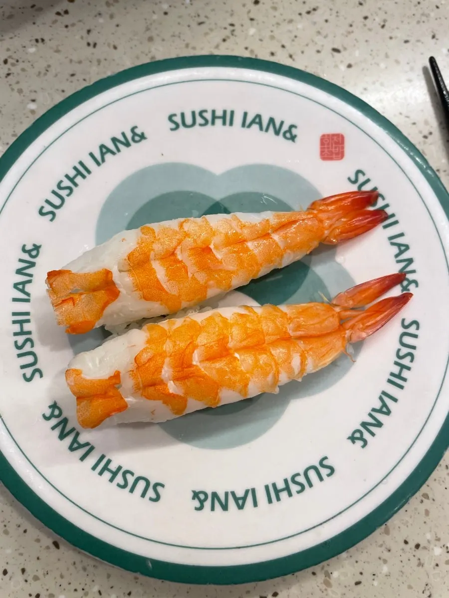 Sushi plates lined up on the table
