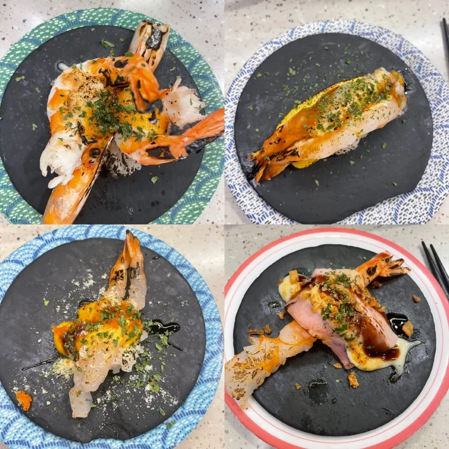 Grilled prawn, egg-bacon shrimp, and raw shrimp garlic steak sushi