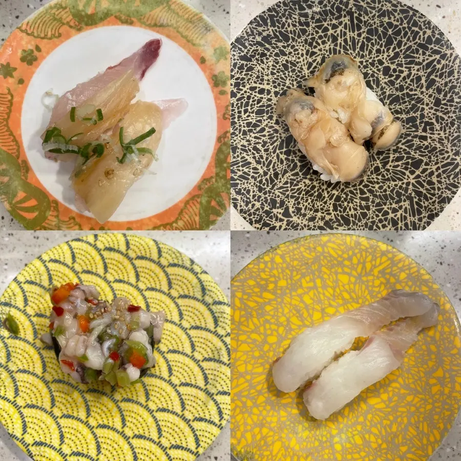 Raw fish with aged kimchi, scallop, octopus wasabi, and flounder sushi