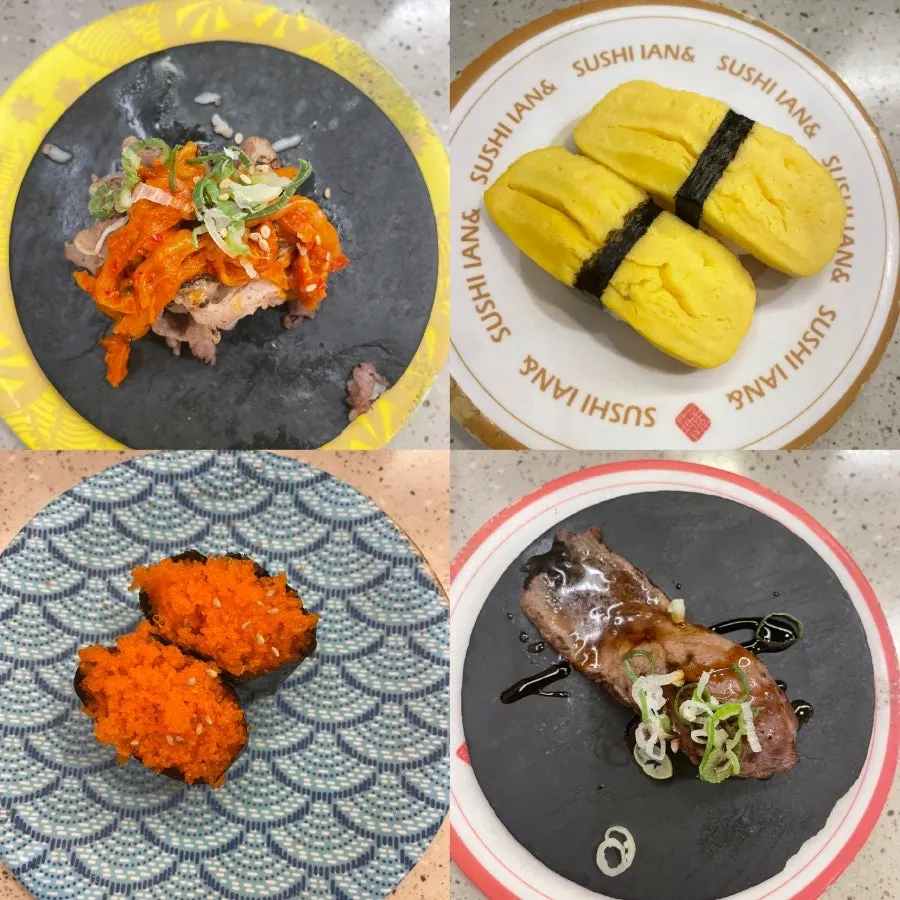 Beef short rib bossam, egg, flying fish roe, and beef sushi