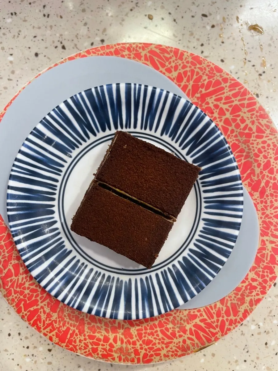 A plate of dessert cake at the conveyor-belt sushi restaurant