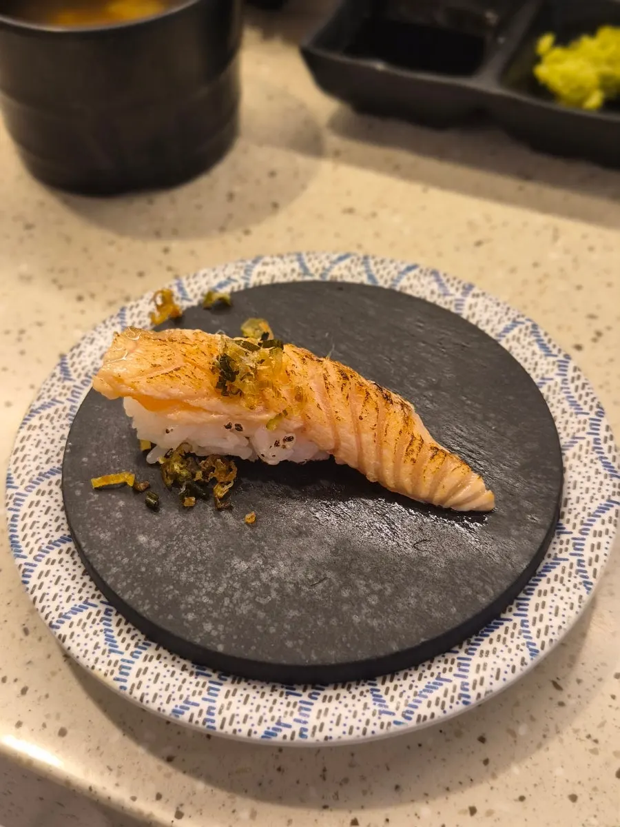Close-up of flounder fin sushi