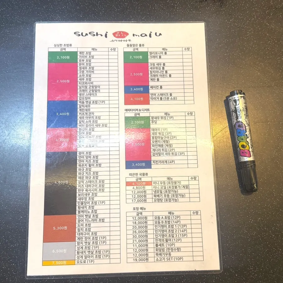 가격이 함께 적힌 회전초밥 단품 메뉴판