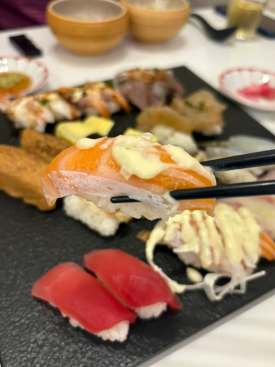 A close-up of salmon sushi