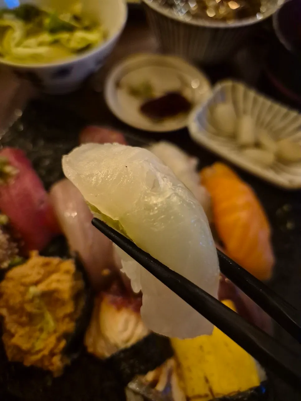 Side view of the sushi plate at Sushi Sakaba Hapjeong