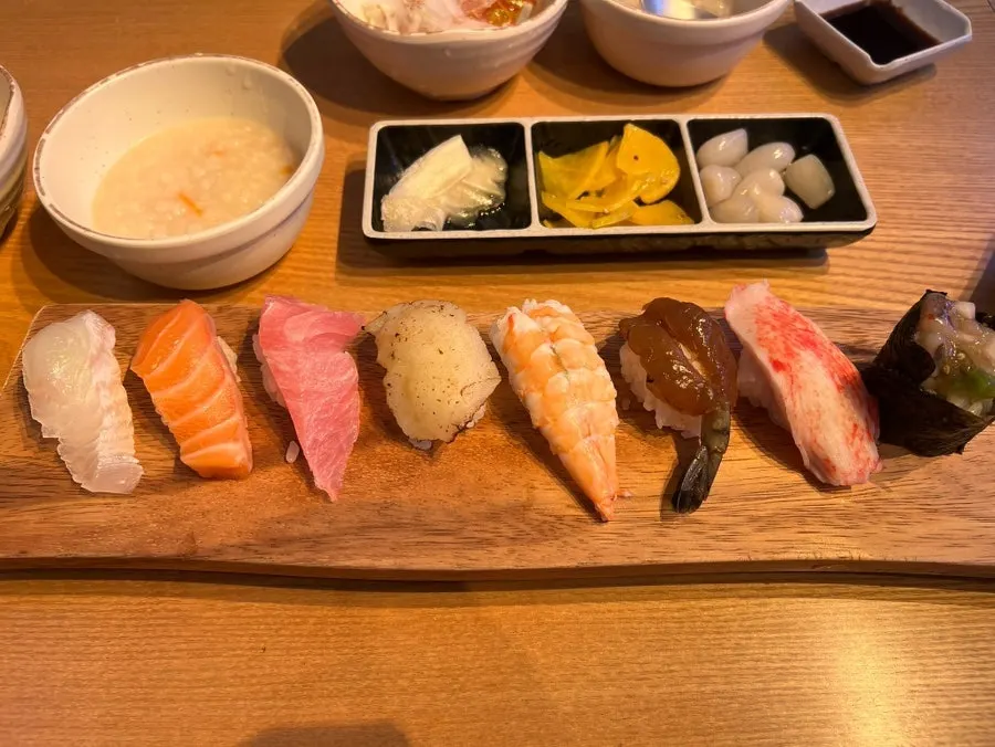 Assorted sushi plate with flounder, salmon, and shrimp