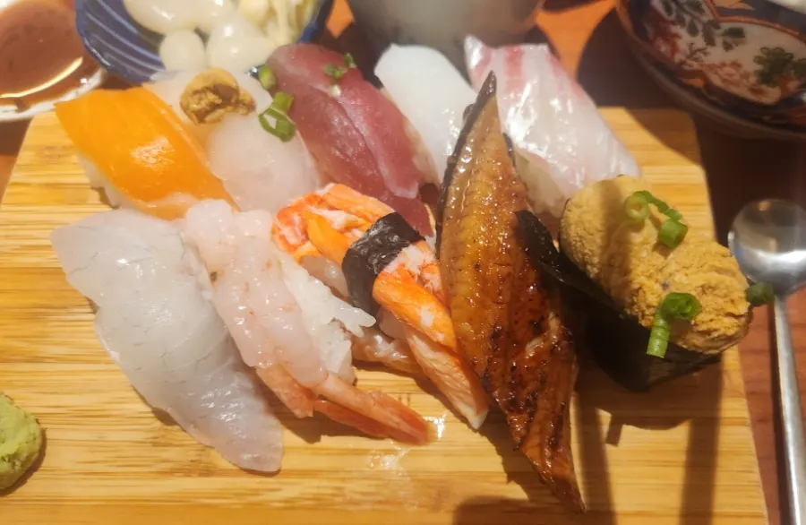 Sushi plate with eel sushi and shrimp sushi