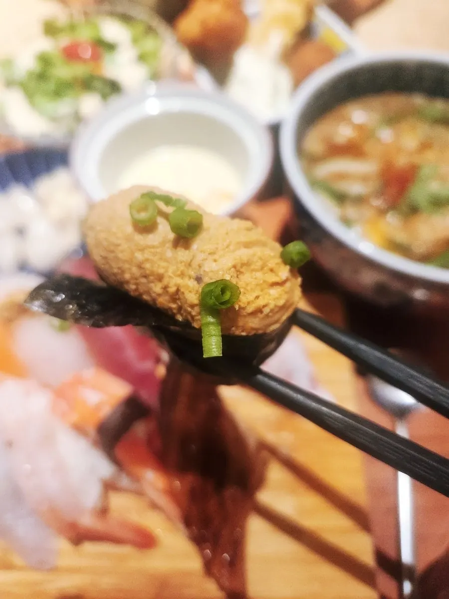 Close-up of snow crab sushi