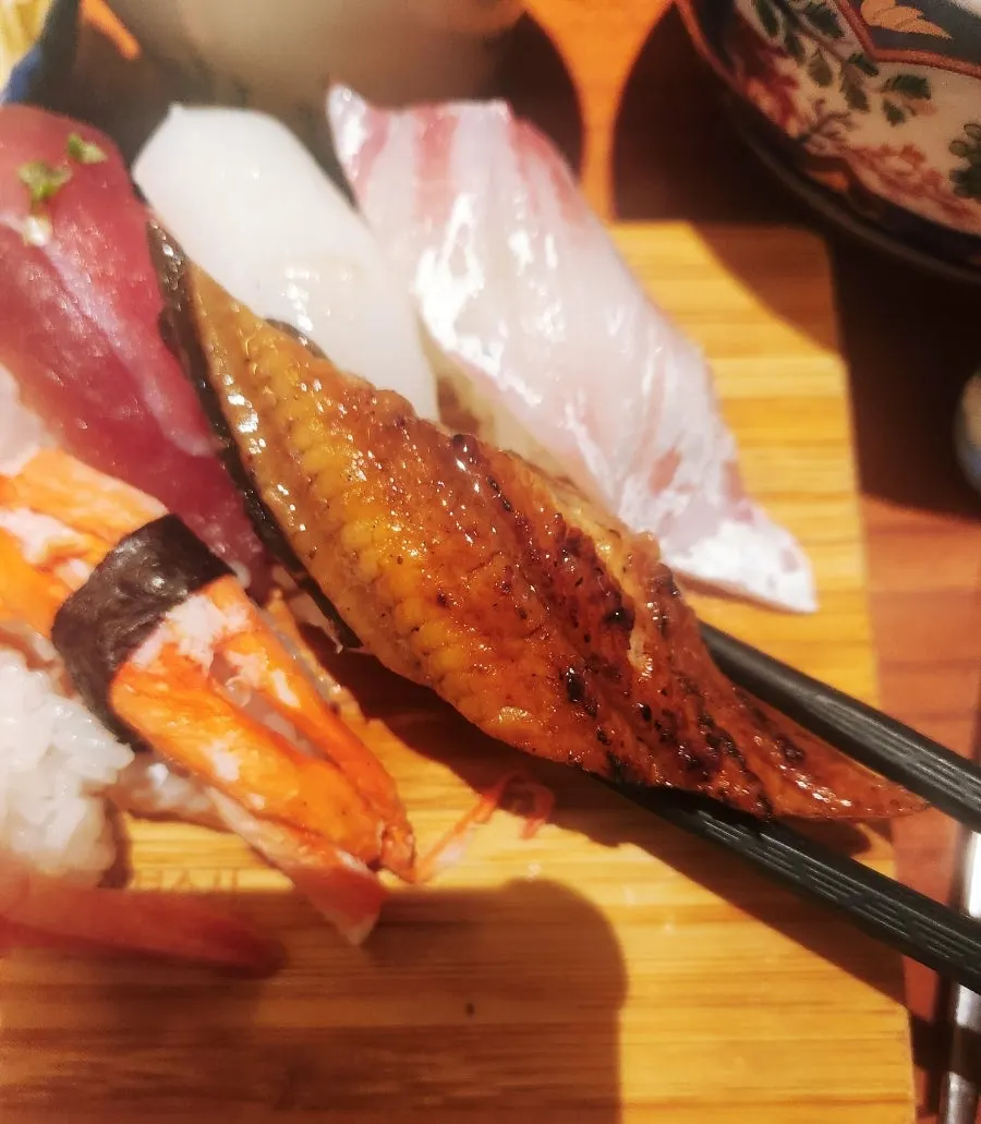 Close-up of ankimo (monkfish liver) sushi
