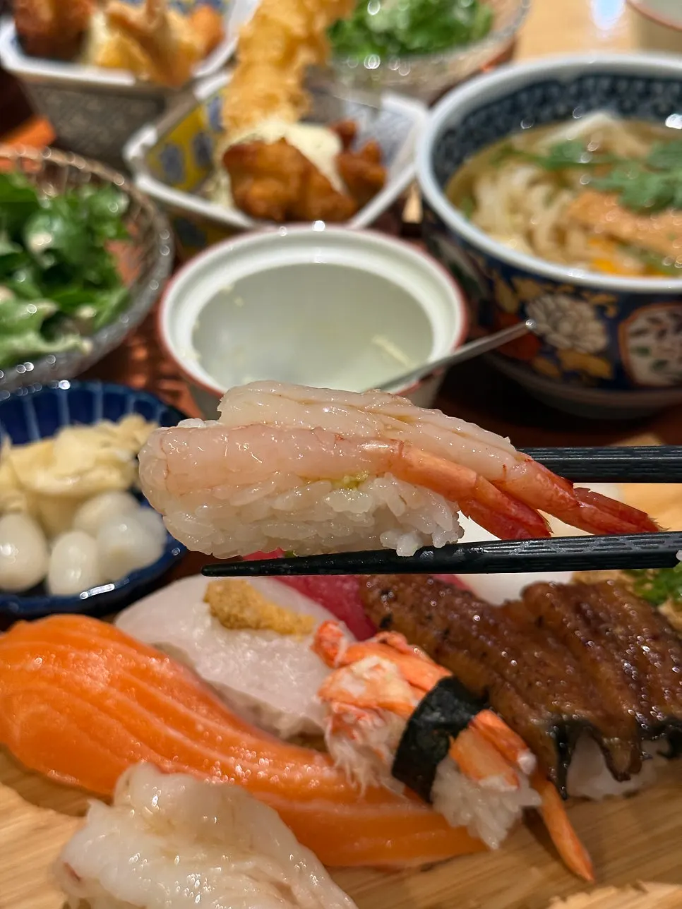 Sweet shrimp sushi brushed with soy sauce