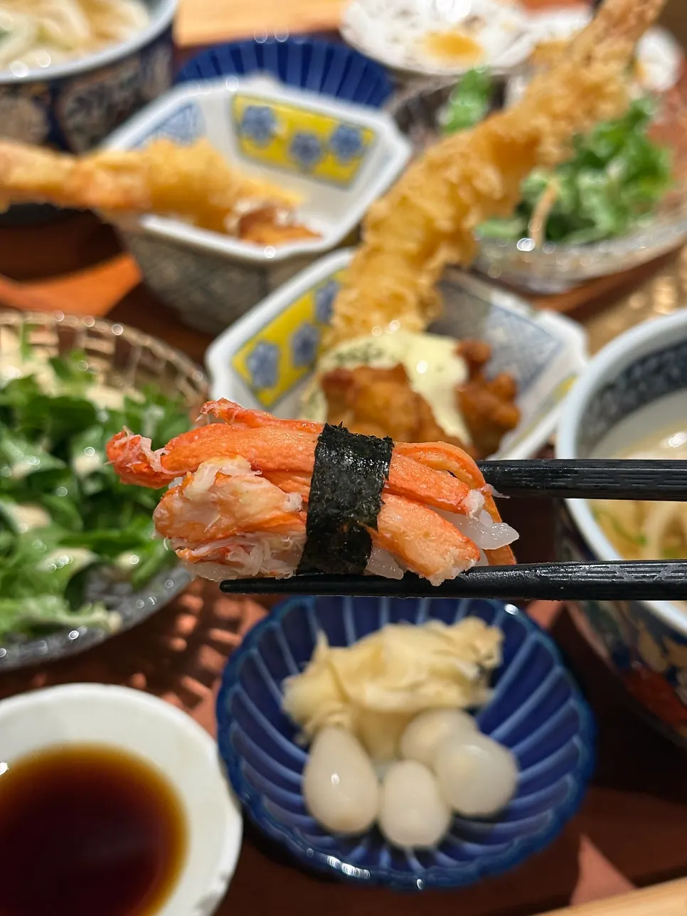 Close-up of a bite-sized piece of sushi