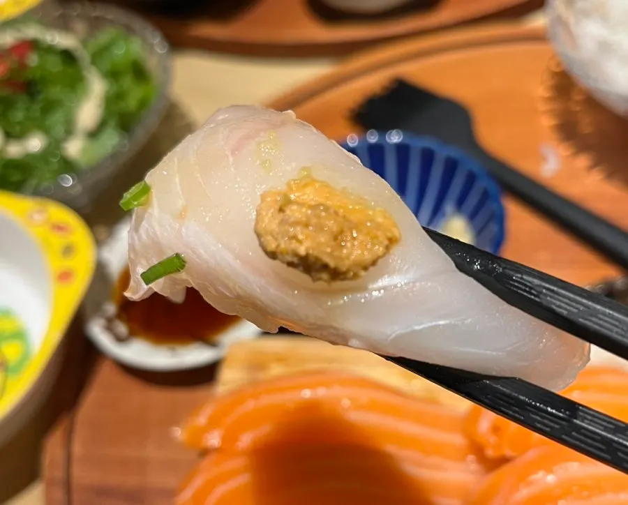 Close-up of sweet shrimp and snow crab sushi