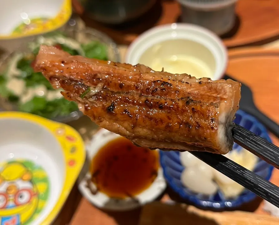 Close-up of smoky grilled eel sushi