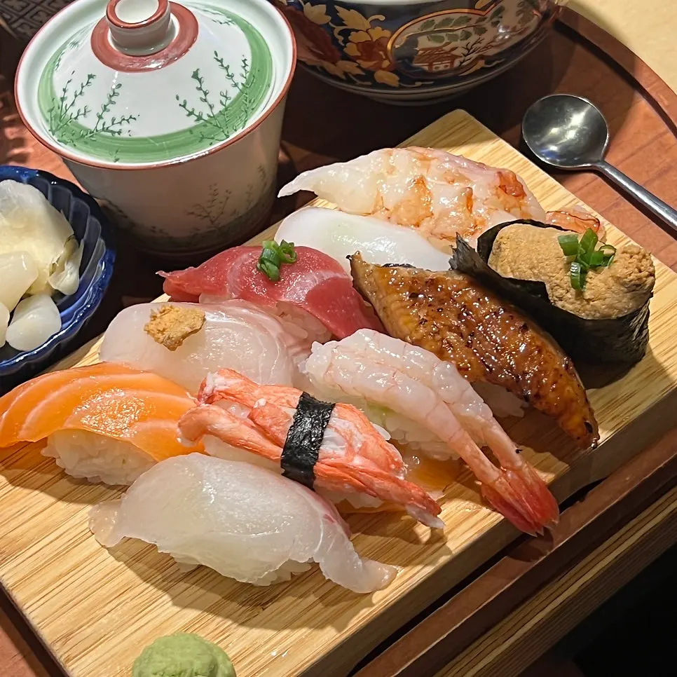 Sushi set spread ordered for a family of four
