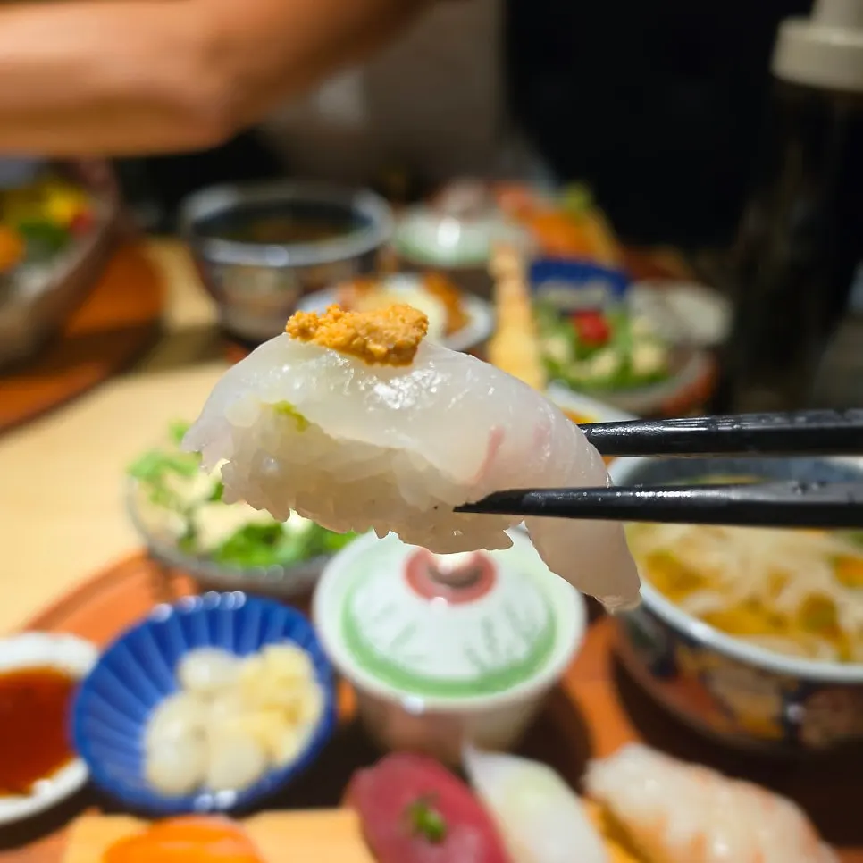 Close-up of the premium sushi set pieces