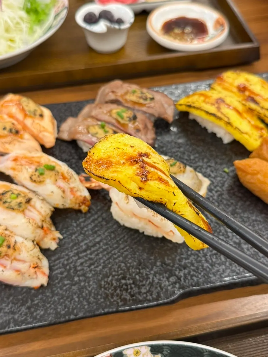Flame-seared grilled shrimp sushi