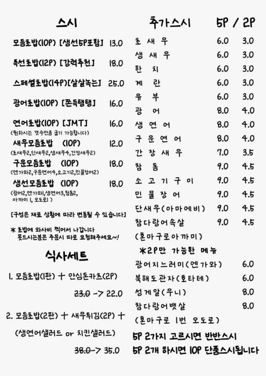 Page of Sushi Naru's sushi set menu board