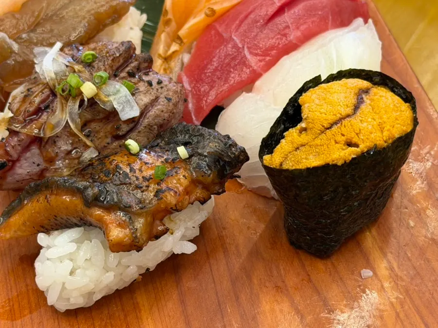 Close-up view of the Grilled Assorted Sushi plate