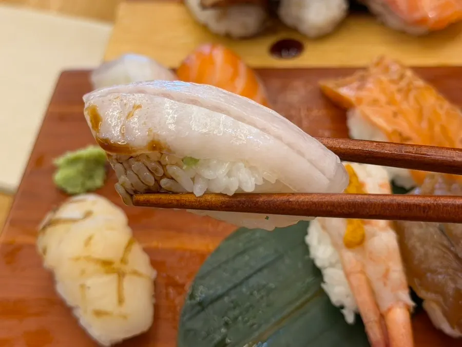 Freshwater eel sushi brushed with sweet-salty sauce