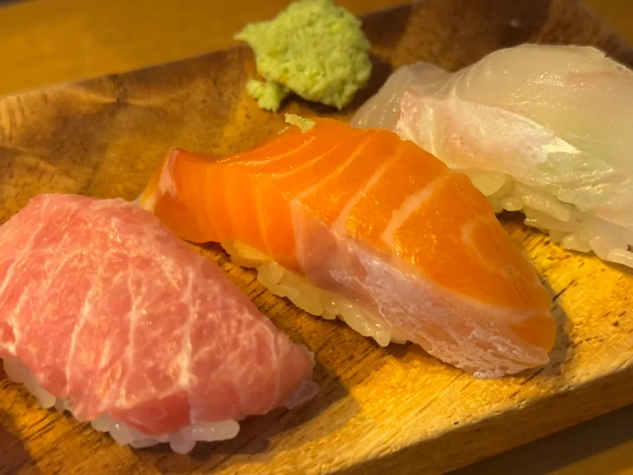 Close-up of a thick-cut salmon nigiri