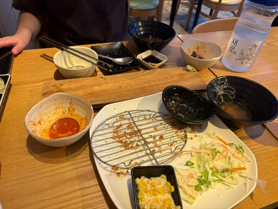 Empty sushi and pork cutlet plates, cleaned completely